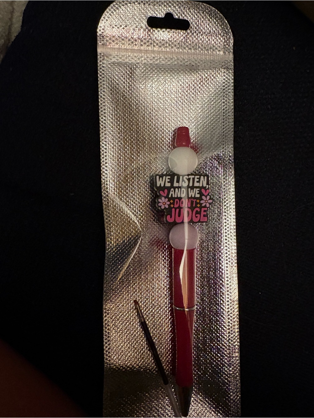 Pink Novelty Ballpoint Pen with 'We Listen And We Don't Judge' Charm